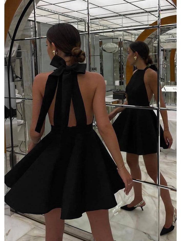 Halter Bow-Back Flare Mini Dress