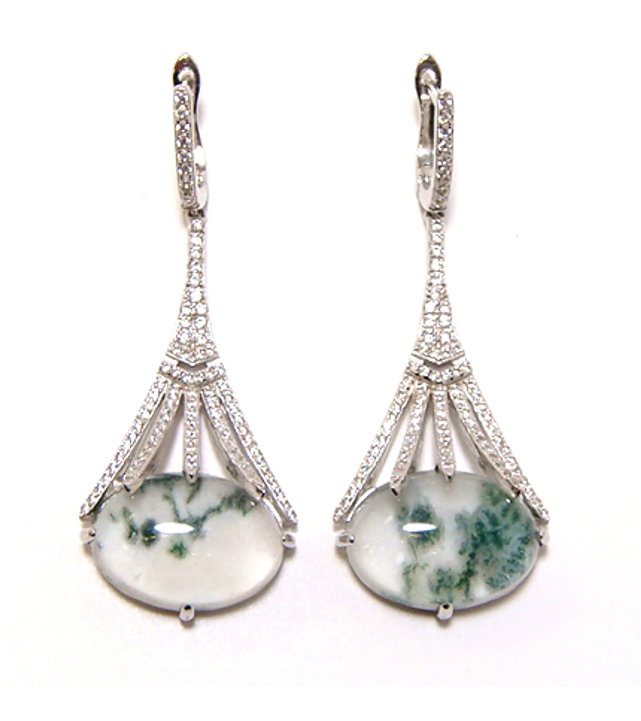 Doublet  Green Spot Agate Antique Classy Drop Earrings, 925 Sterling Silver, Platinum Embraced