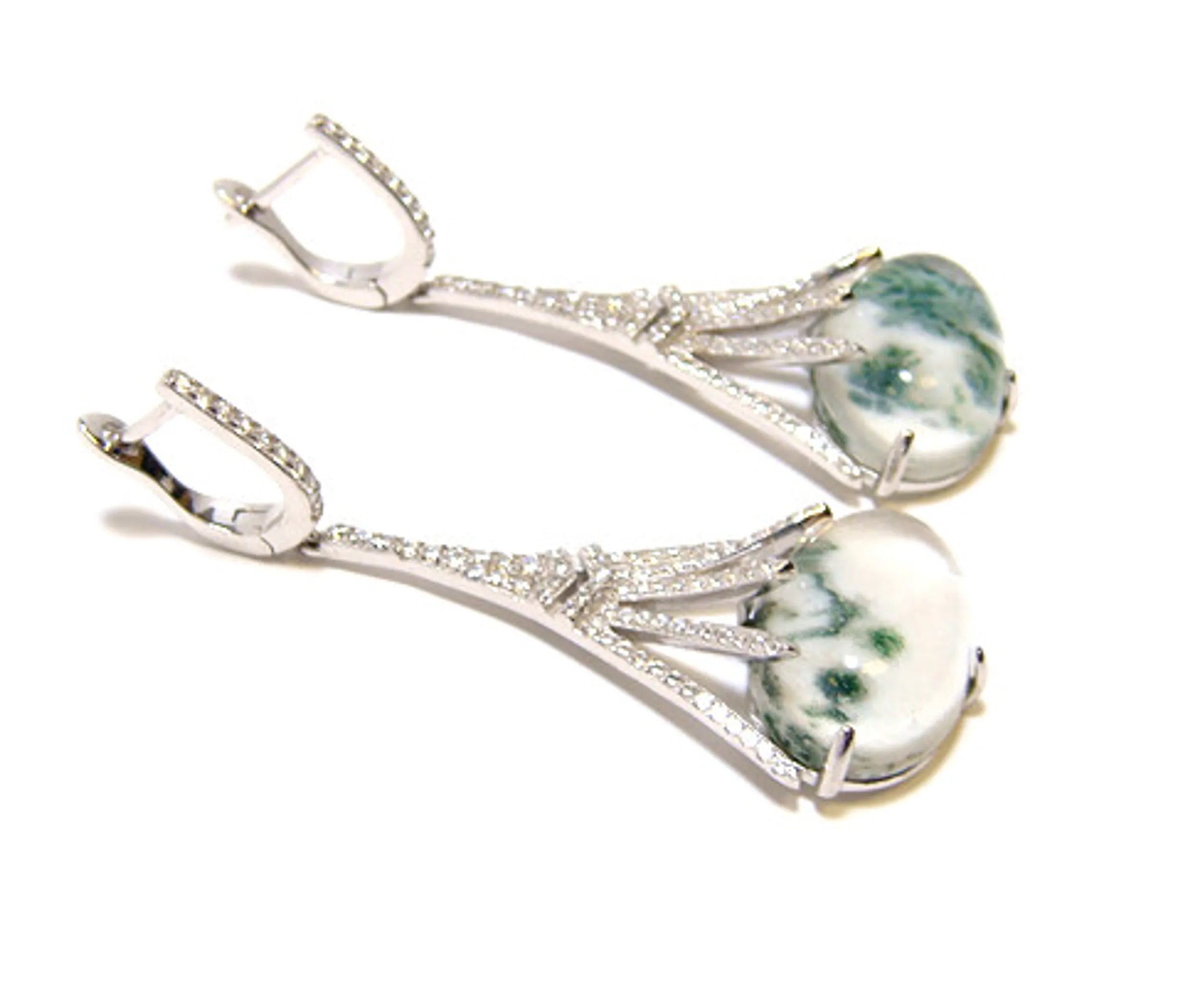 Doublet  Green Spot Agate Antique Classy Drop Earrings, 925 Sterling Silver, Platinum Embraced