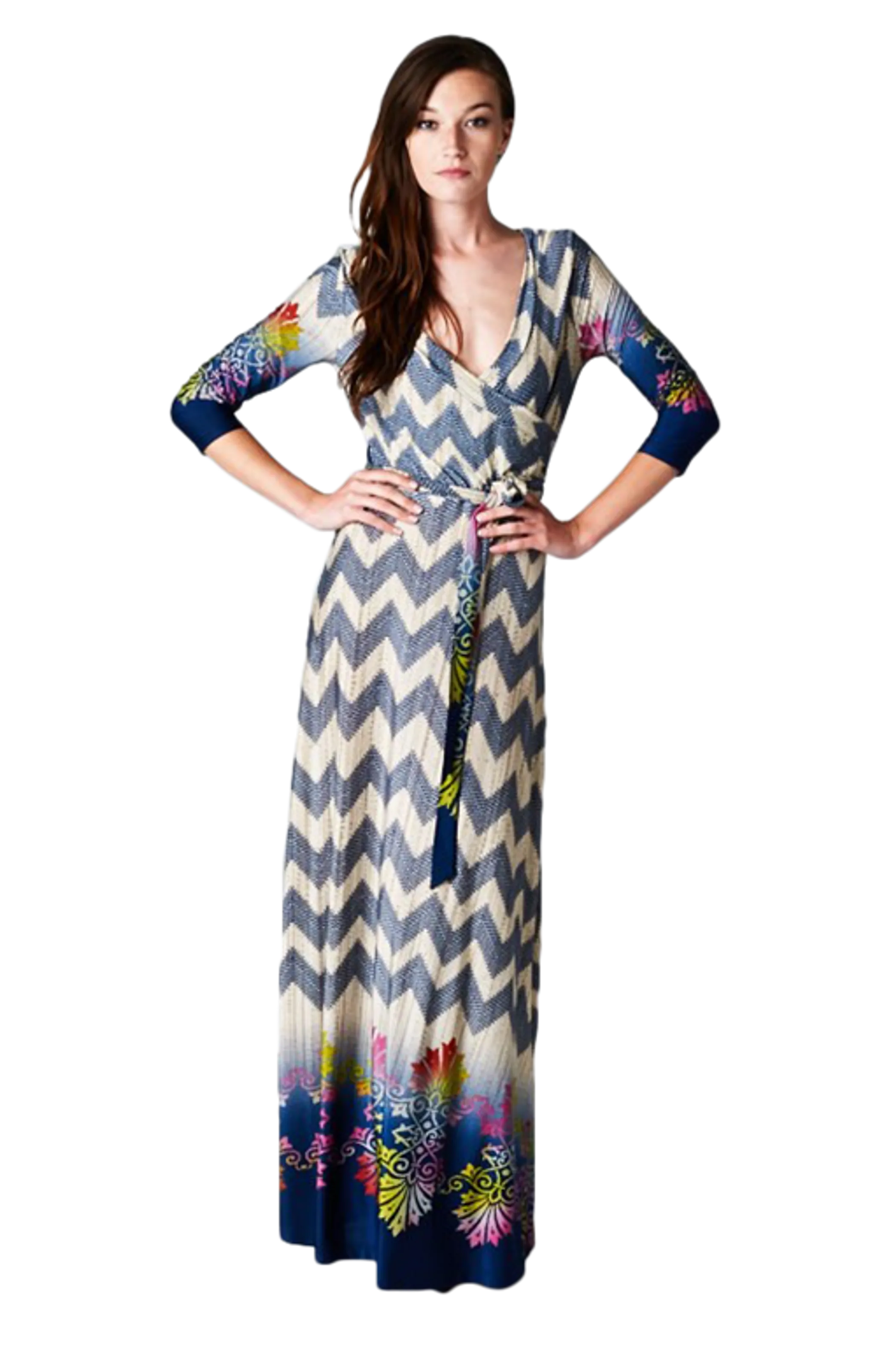 Chevron Bohemian 3/4 Sleeve Dotted Print Long Maxi Dress