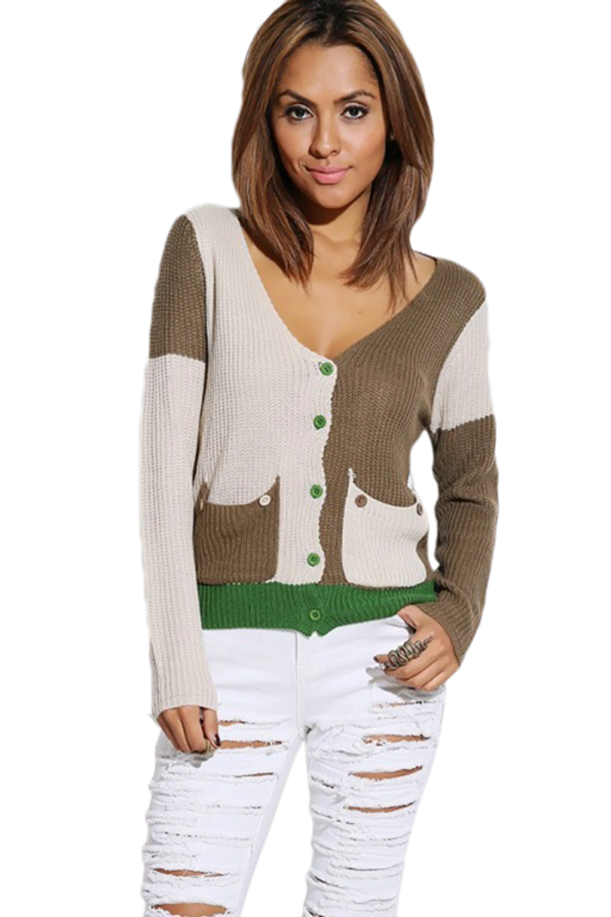 Mocha/Kelly Green Color Block Sweater Knit Cardigan