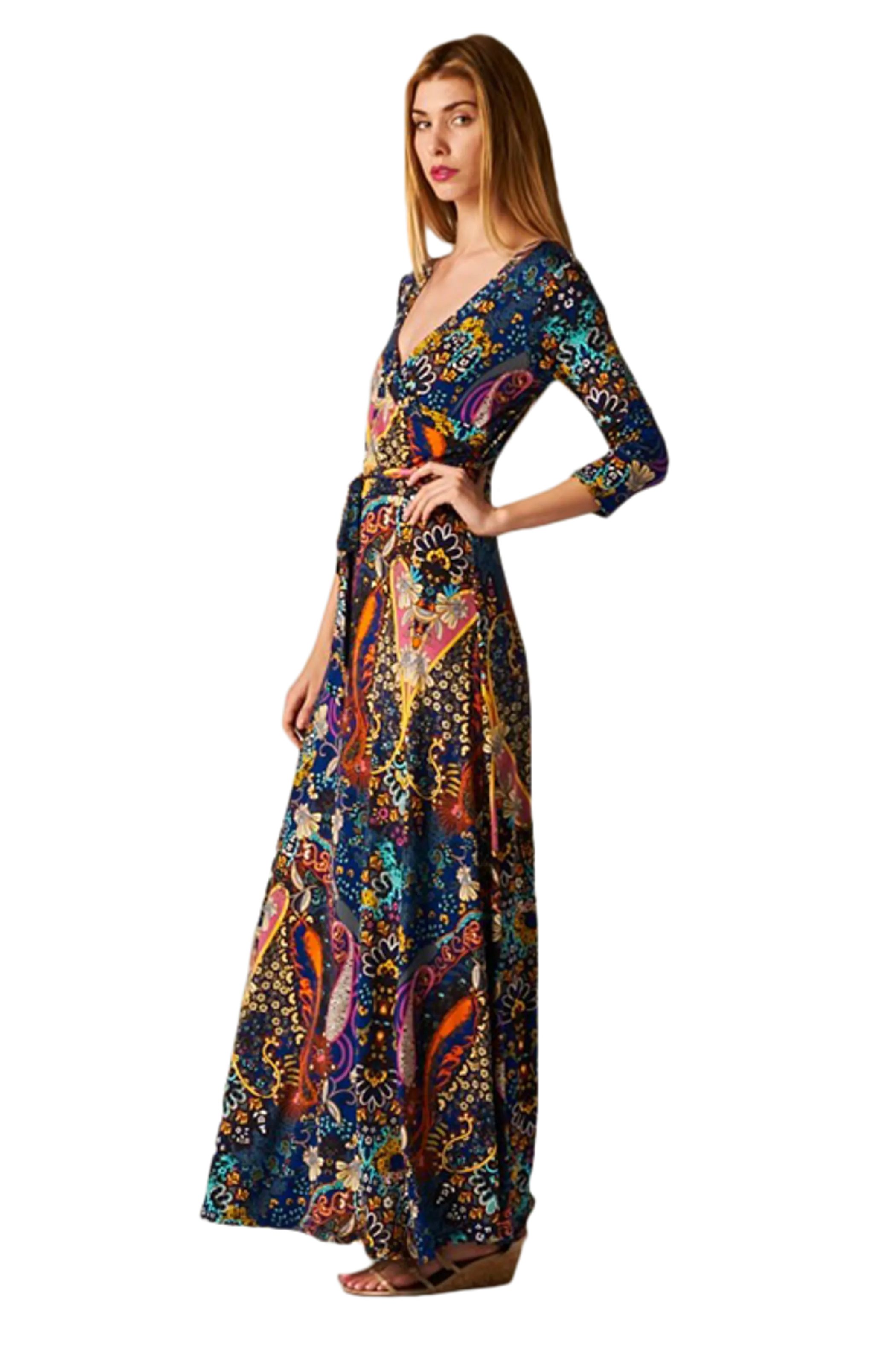 Paisley Bohemian Floral Print 3/4 Sleeves Long Maxi Dress