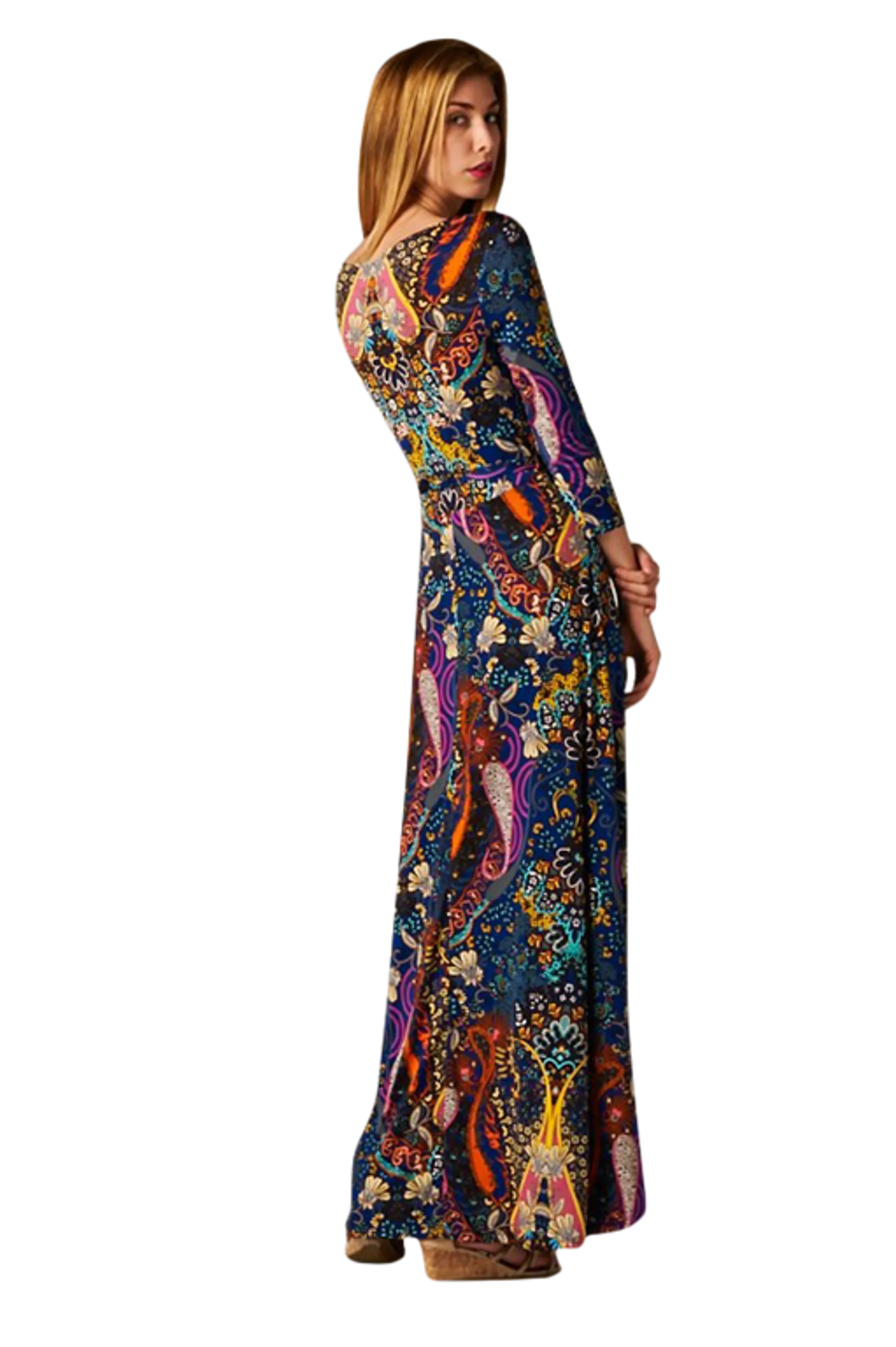 Paisley Bohemian Floral Print 3/4 Sleeves Long Maxi Dress