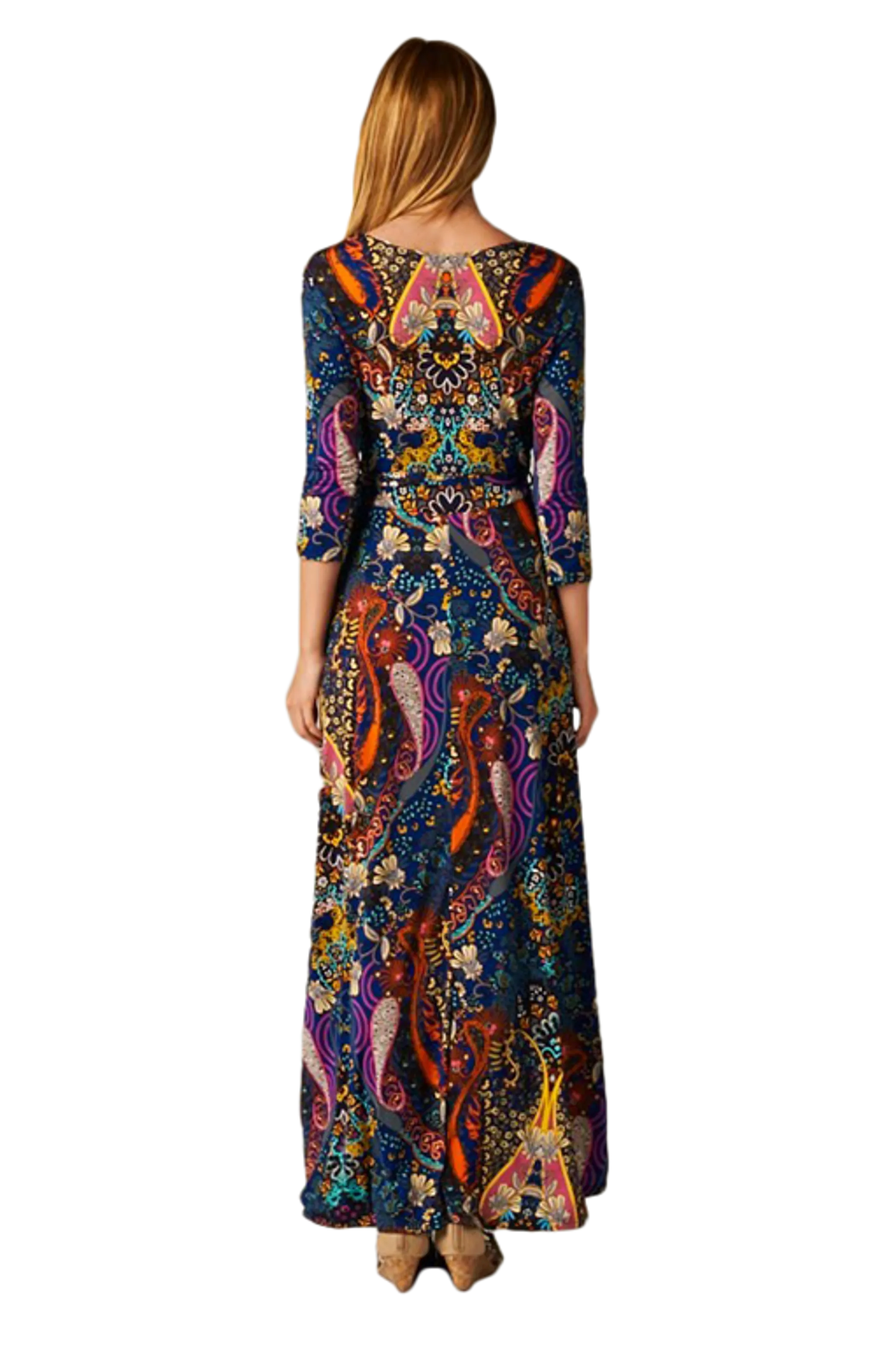 Paisley Bohemian Floral Print 3/4 Sleeves Long Maxi Dress