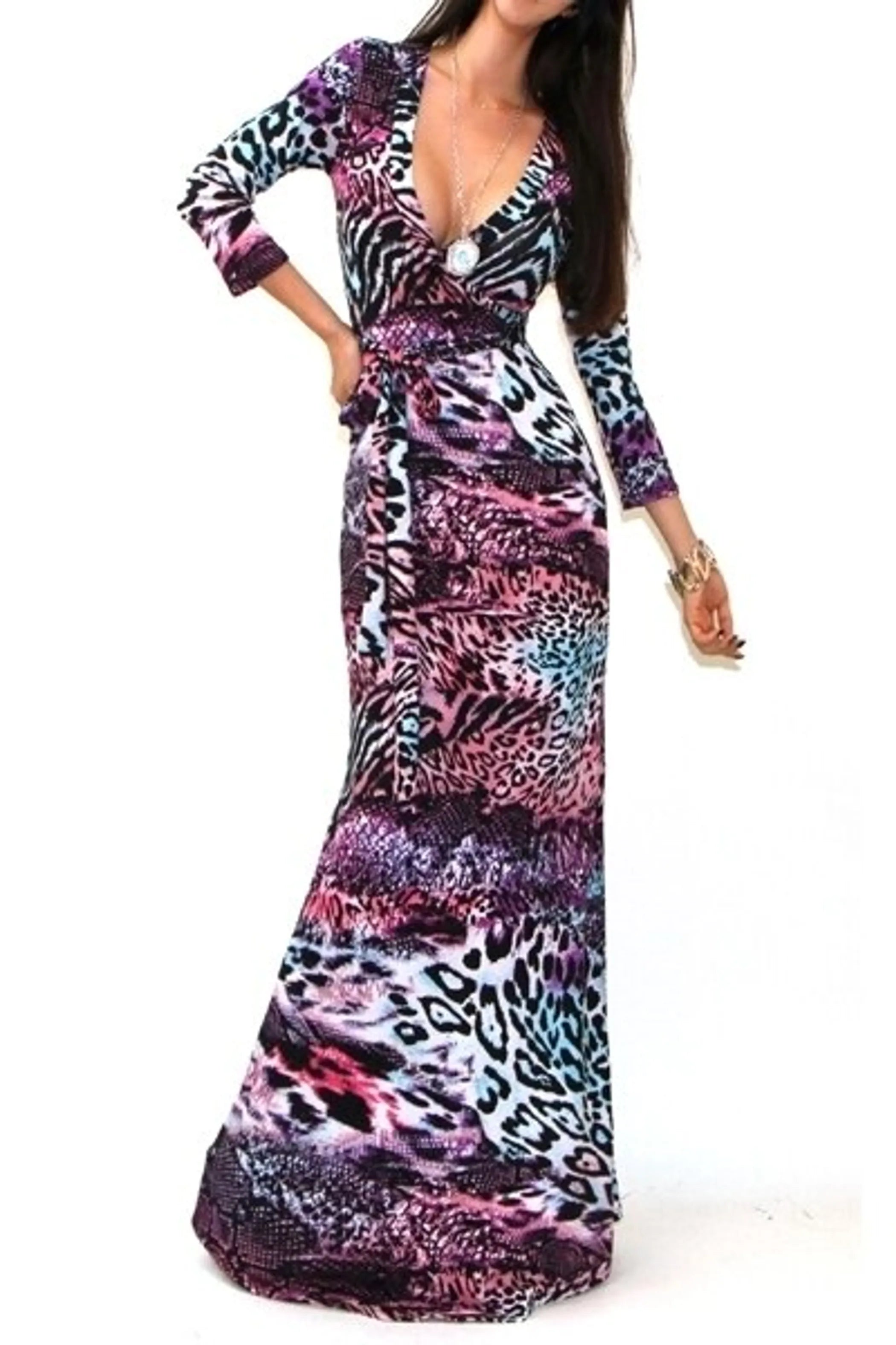 Quarter Sleeves Faux Wrap Maxi Dress Animal Print