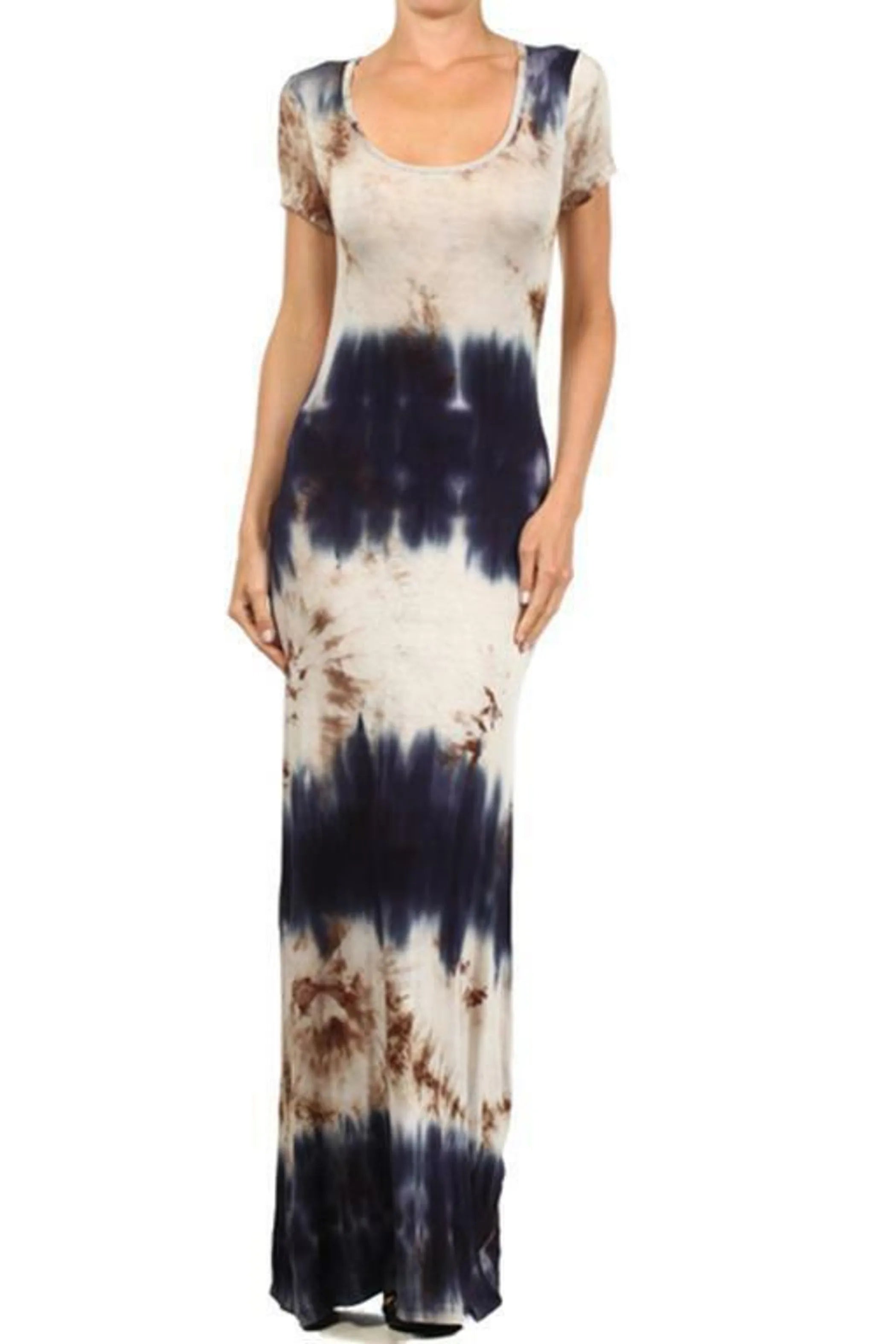 Tie Dye Scoop Neck Short Capped Sleeve Full Length Maxi Dress
