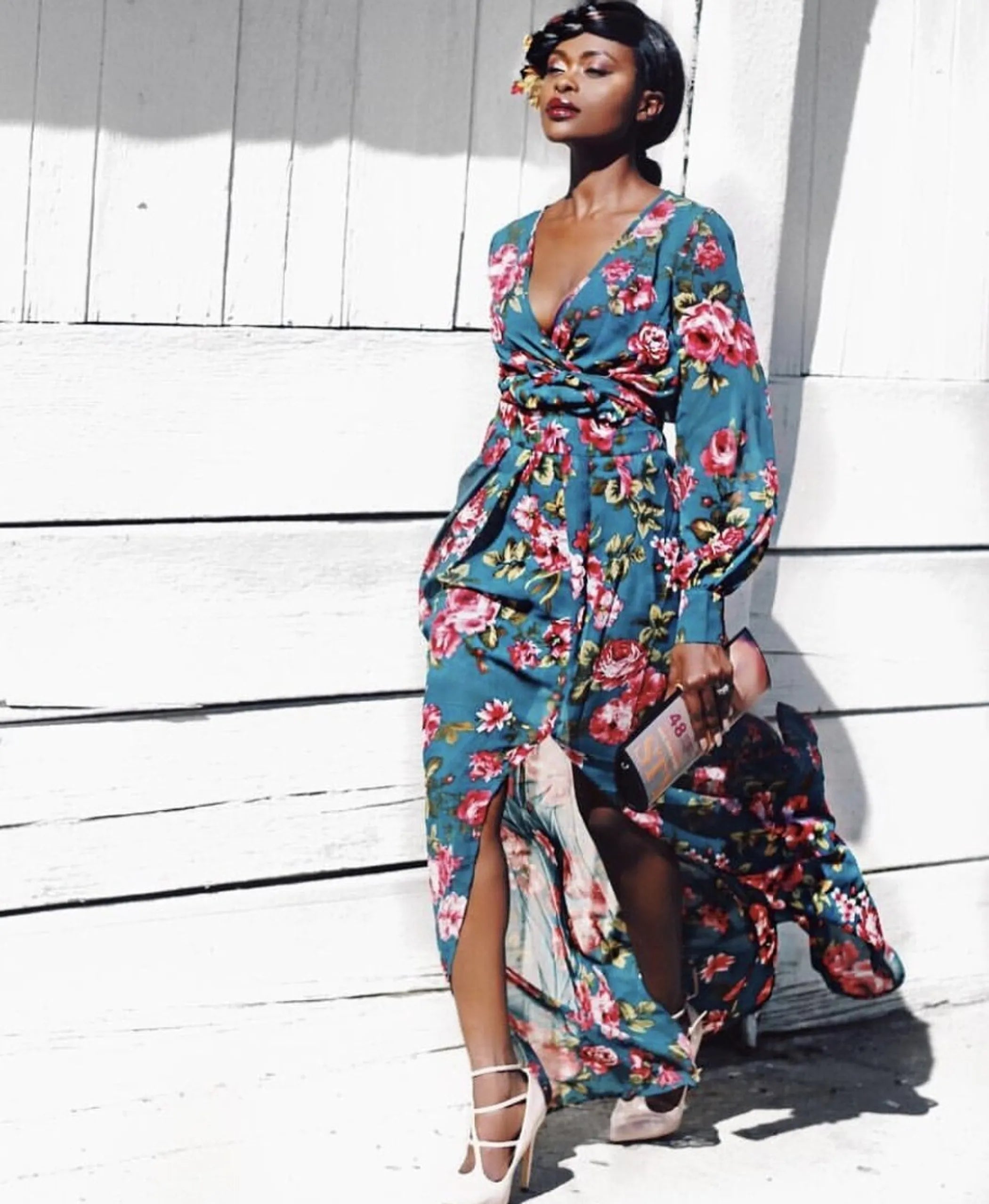 Grace Two Piece Green Floral Maxi Set with a Side Slit