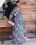 Grace Two Piece Green Floral Maxi Set with a Side Slit