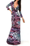 Quarter Sleeves Faux Wrap Maxi Dress Animal Print
