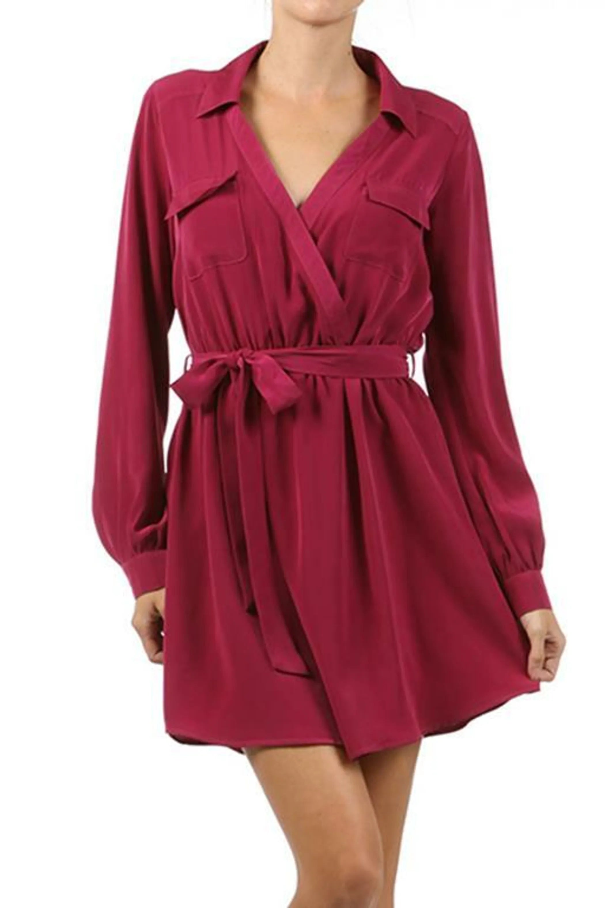 A-line wrap dress with chest pockets and a waist tie