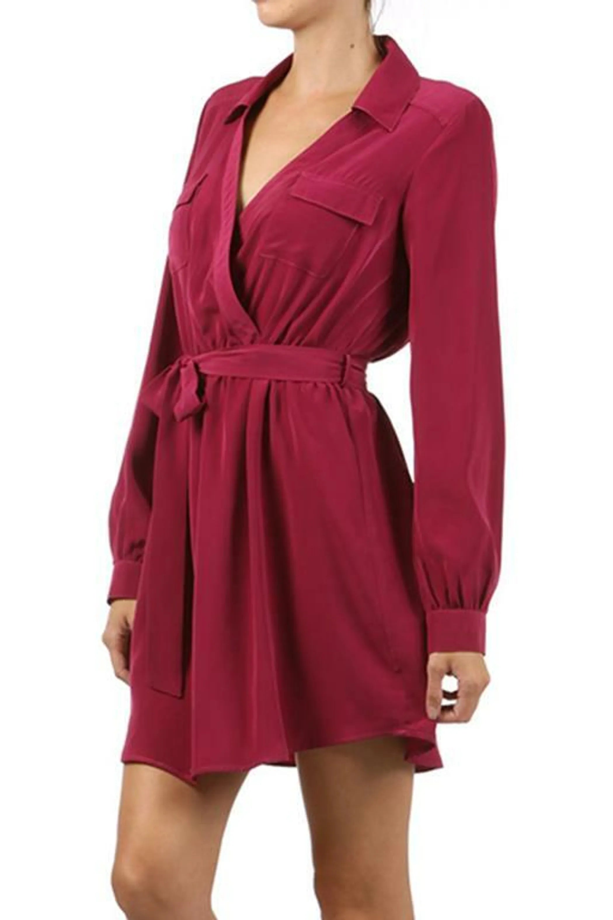 A-line wrap dress with chest pockets and a waist tie