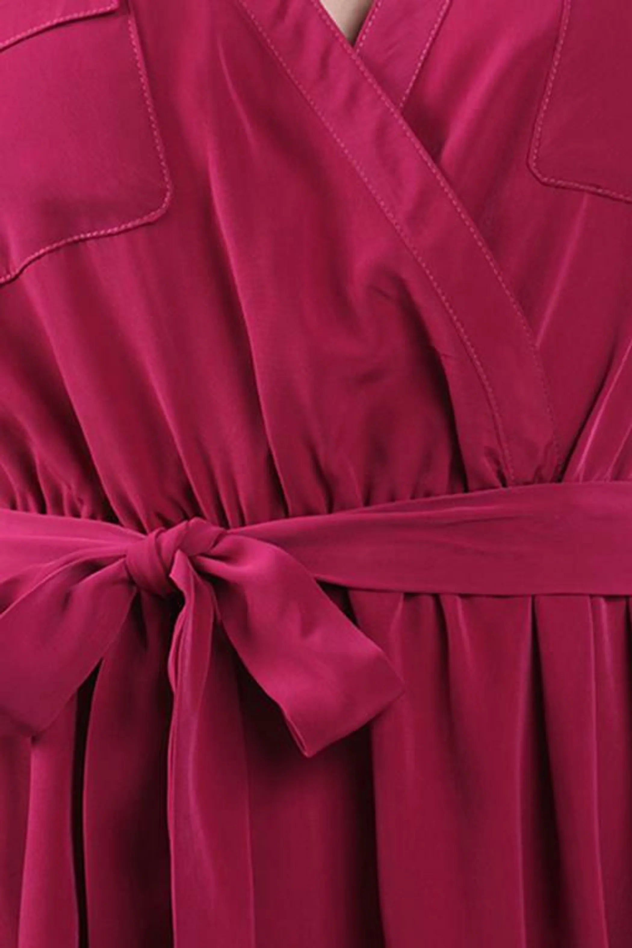 A-line wrap dress with chest pockets and a waist tie