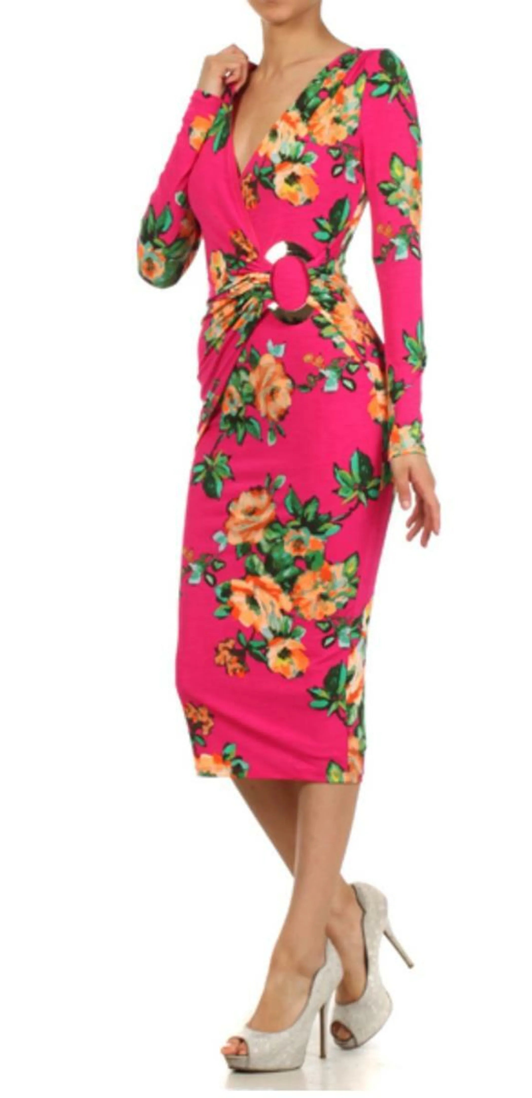 Floral Print Wrapped V neck Midi Dress with Embellished Keyring