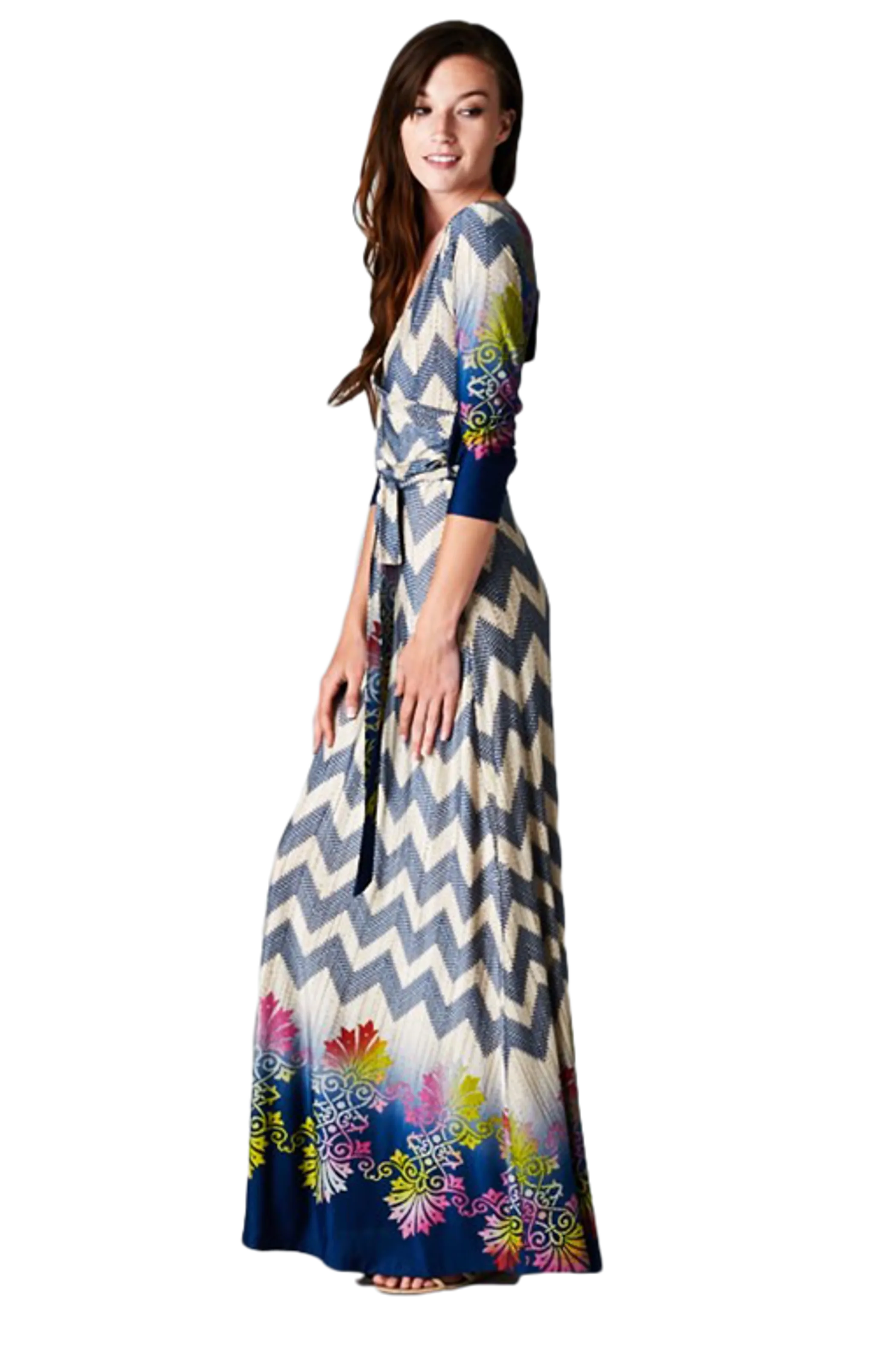 Chevron Bohemian 3/4 Sleeve Dotted Print Long Maxi Dress