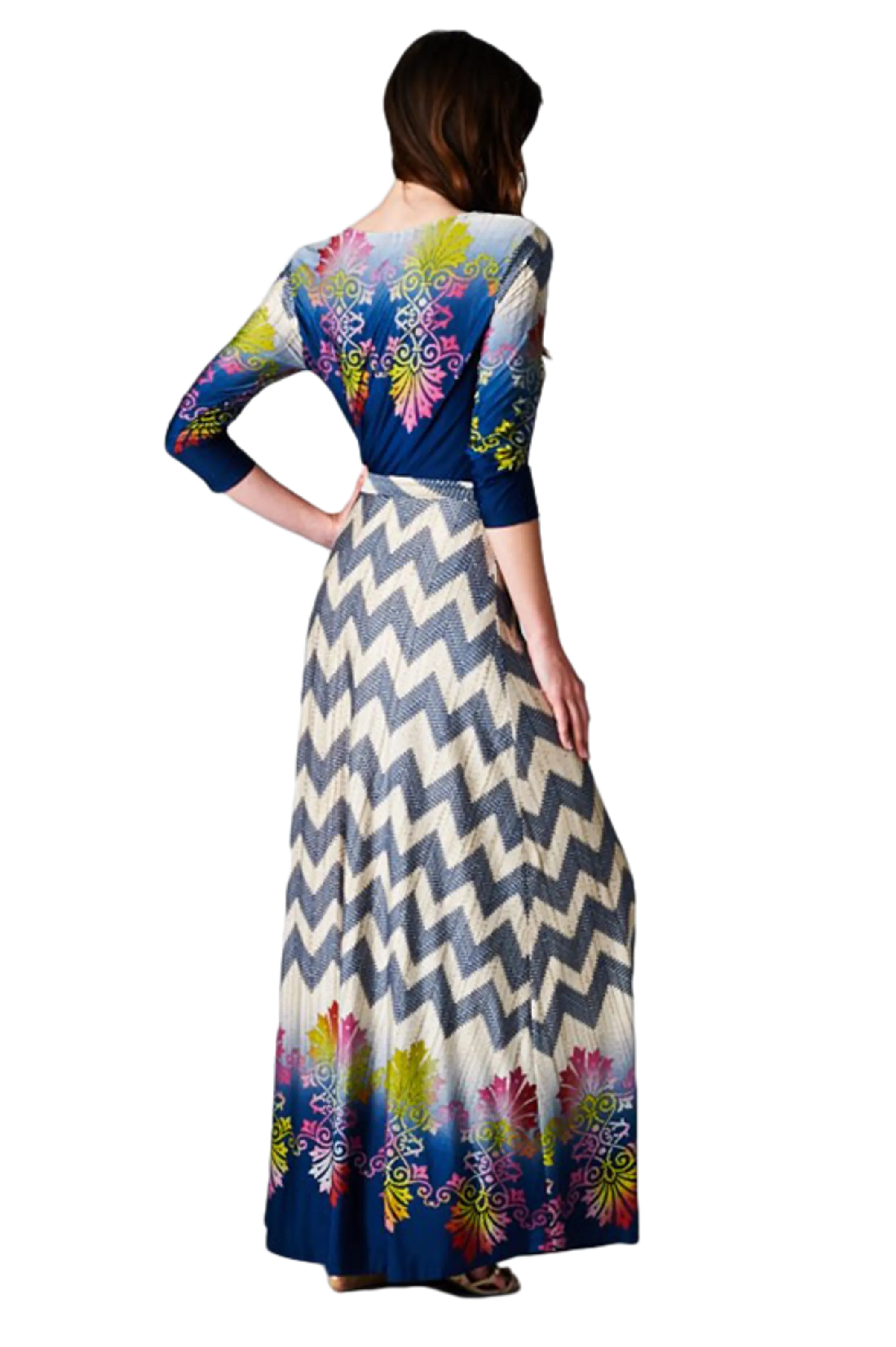 Chevron Bohemian 3/4 Sleeve Dotted Print Long Maxi Dress