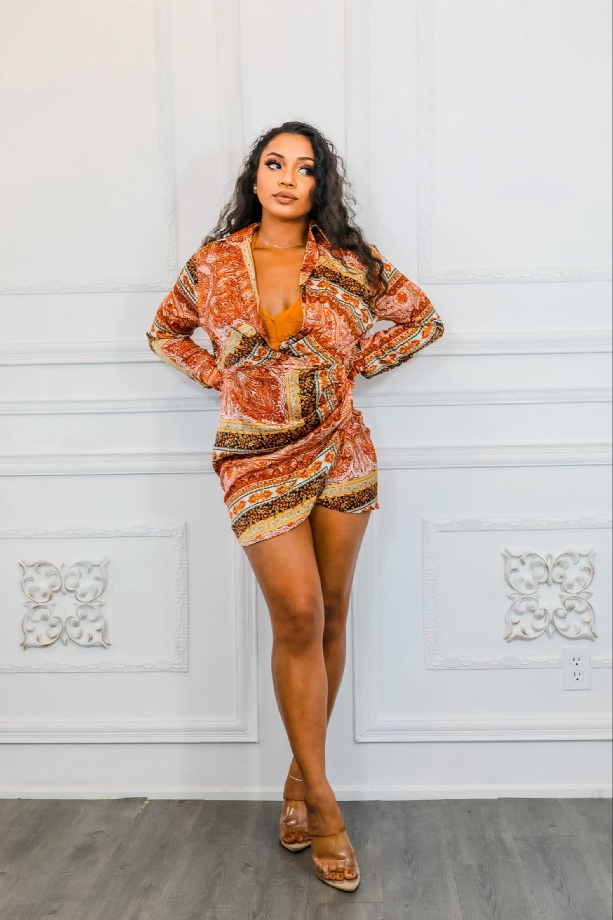 Vacation Ready Satin Shirt Mini Wrap Dress