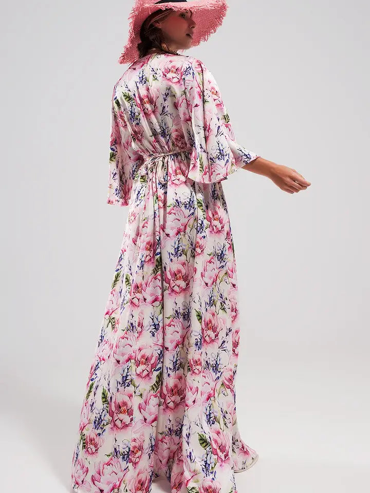 Flutter Sleeve Maxi Dress in Pink Floral Print
