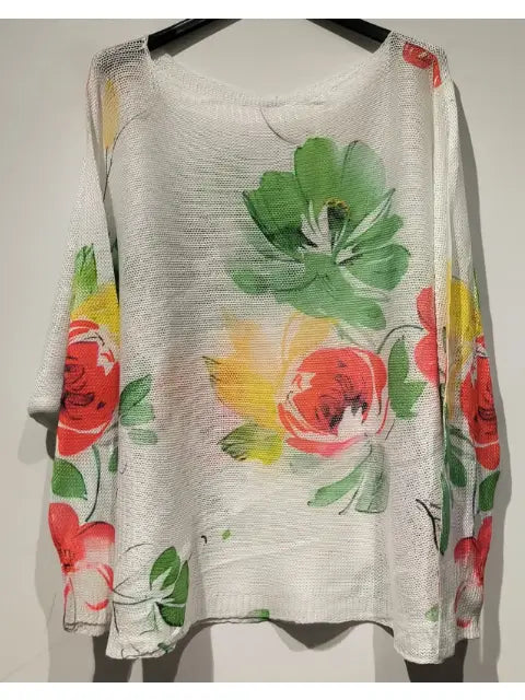Poflgr White Floral Round Knit Printed Sweater (case of 2)