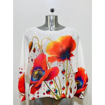 Ccoq White Red Poppy Floral Round Knit Printed Sweater (case of 2)