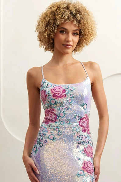 Sleeveless Floral Applique Sequin Sheath Dress