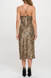 Made in USA Leopard Print Satin Bias Slip Dress with Slit
