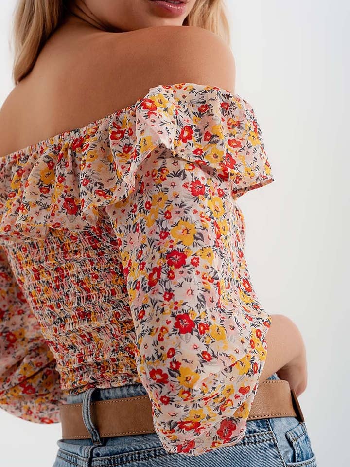 Shirred Off the Shoulder Top with Ruffle in Coral Floral