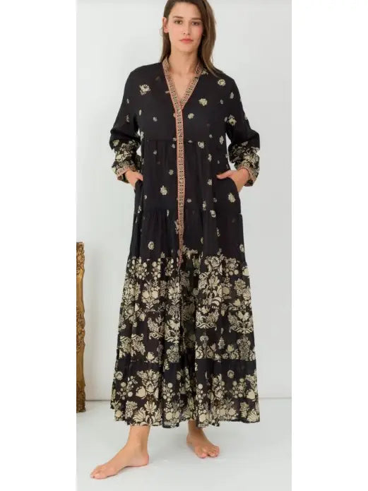 One Size Floral Cotton Button Shirt Maxi Dress