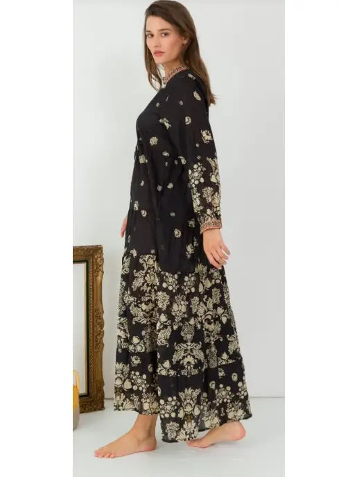 One Size Floral Cotton Button Shirt Maxi Dress