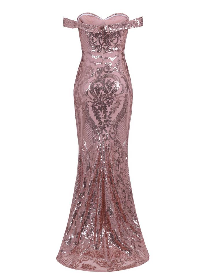 Layali Rose Gold Bardot Sweetheart Sequin Embellished Maxi Fishtail Dress