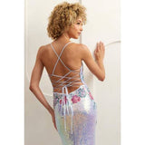 Sleeveless Floral Applique Sequin Sheath Dress