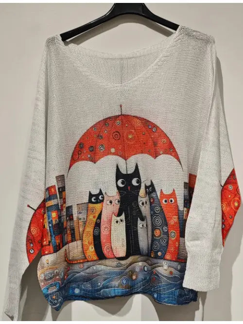 Pocatr Cat Umbrella V-Neck Knit Printed Sweater (case of 2)