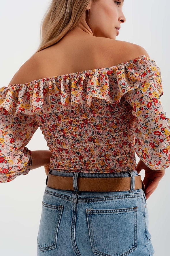 Shirred Off the Shoulder Top with Ruffle in Coral Floral