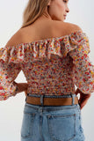 Shirred Off the Shoulder Top with Ruffle in Coral Floral