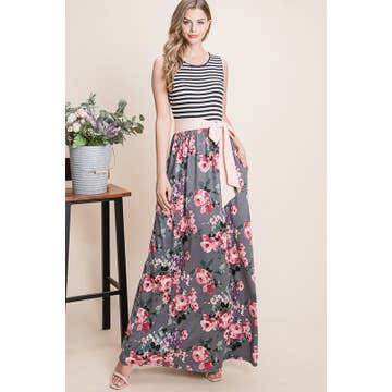 Floral Maxi Dress with Striped Casual Top