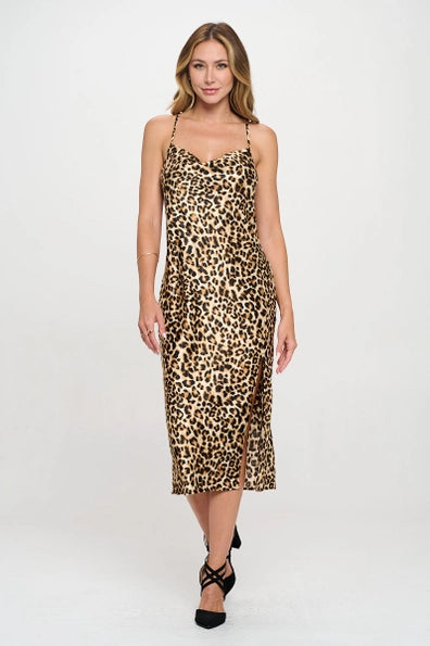 Made in USA Leopard Print Satin Bias Slip Dress with Slit