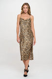 Made in USA Leopard Print Satin Bias Slip Dress with Slit