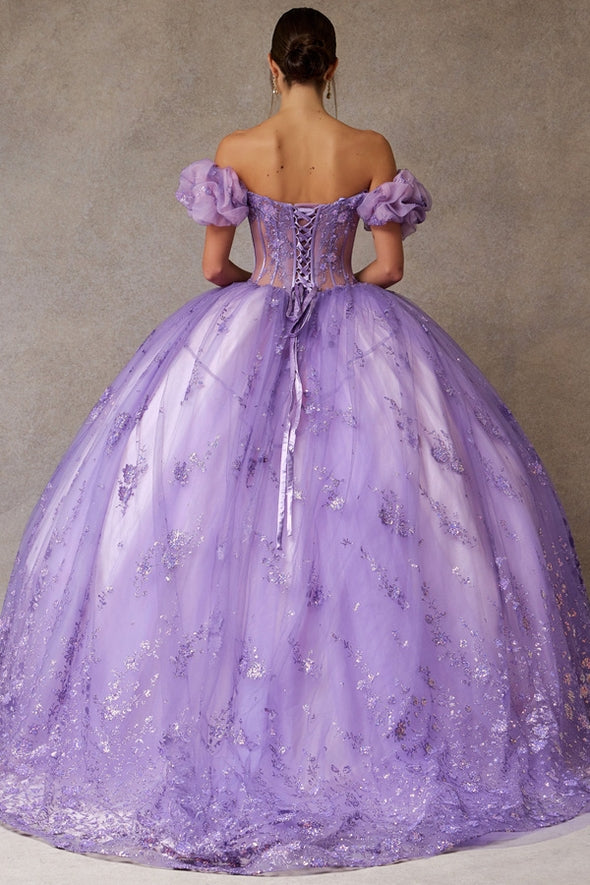 Off Shoulder Ruffle Puff Sleeve Ball Gown