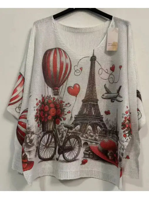 Pomon White Hot Balloon V-Neck Knit Printed Sweater (case of 2)