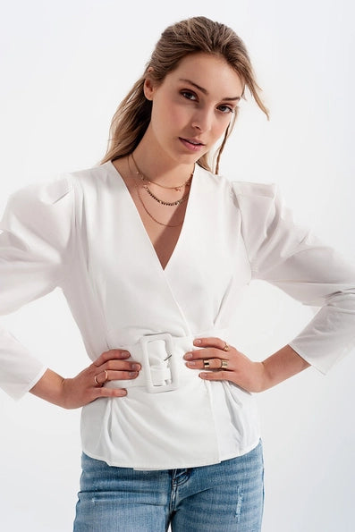 Puff Sleeve Wrap Front Top with Belt Detail in White