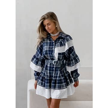 Plaid Elegance Ruffle Shirt Dress