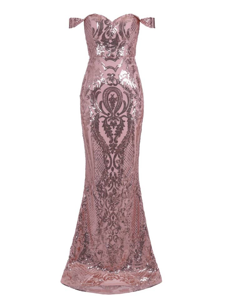 Layali Rose Gold Bardot Sweetheart Sequin Embellished Maxi Fishtail Dress