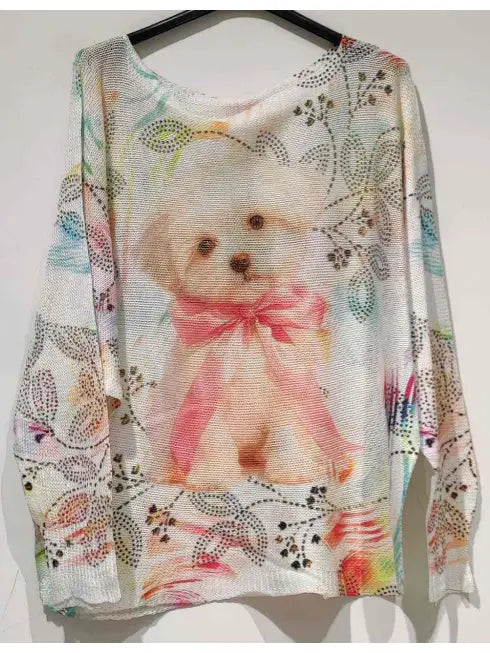 Podog White Cute Dog Round Knit Printed Sweater (Case of 2)