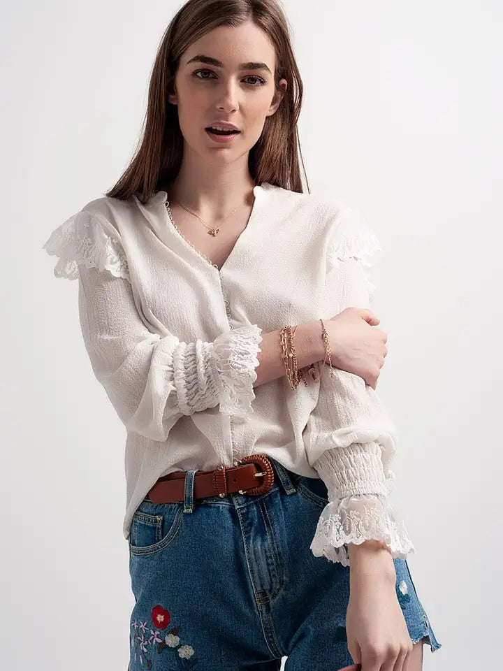 Volume Sleeve Blouse with Cuff Sleeve in Oyster