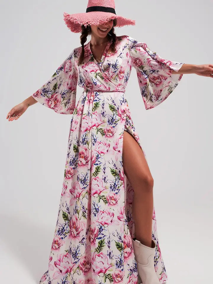 Flutter Sleeve Maxi Dress in Pink Floral Print