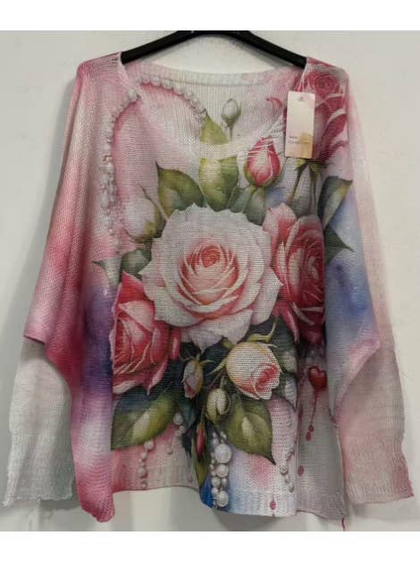 Poros Pink Roses V-Neck Knit Printed Sweater (case of 2)