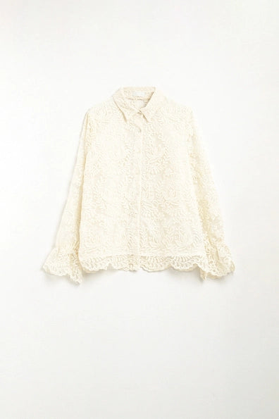 Romantic Beige Lace Shirt with Balloon Sleeves