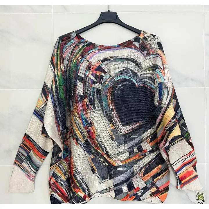 Black Heart Round Knit Printed Sweater (case of 2)