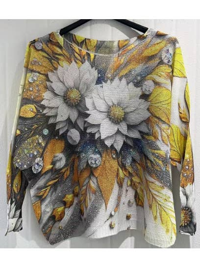 Comar White Daisy Round Knit Printed Sweater(case of 2)