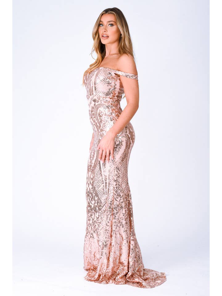 Layali Rose Gold Bardot Sweetheart Sequin Embellished Maxi Fishtail Dress