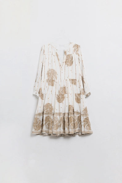 Boho Long Sleeve Dress with Leaf Print and Lurex Details in White